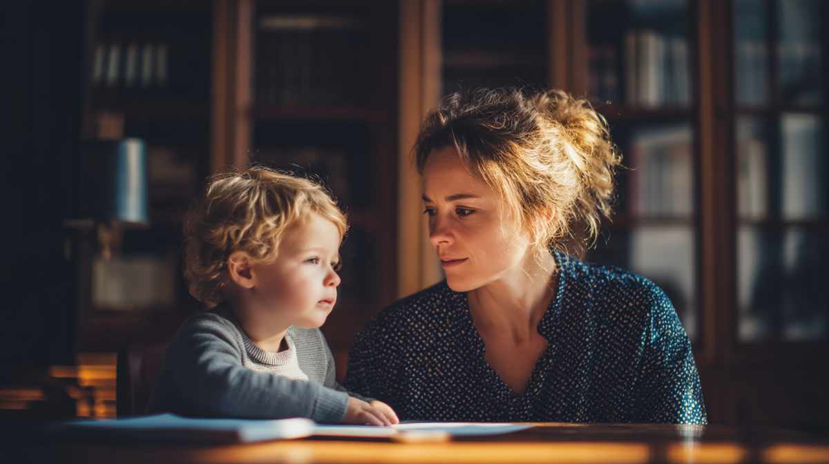 Mother reviewing custody documents with child in a family law office setting
